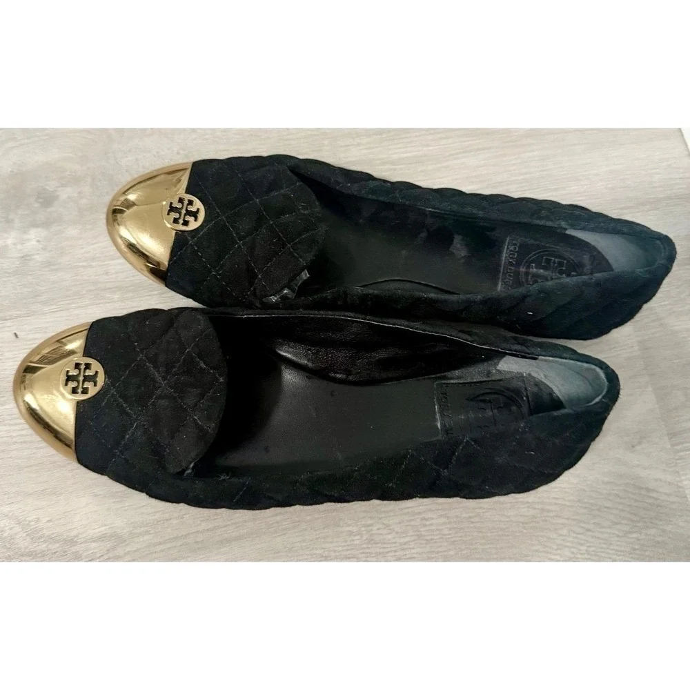 Tory Burch Quilted Suede Cap Toe Flats Women 7 Black Gold Good Logo Medallion